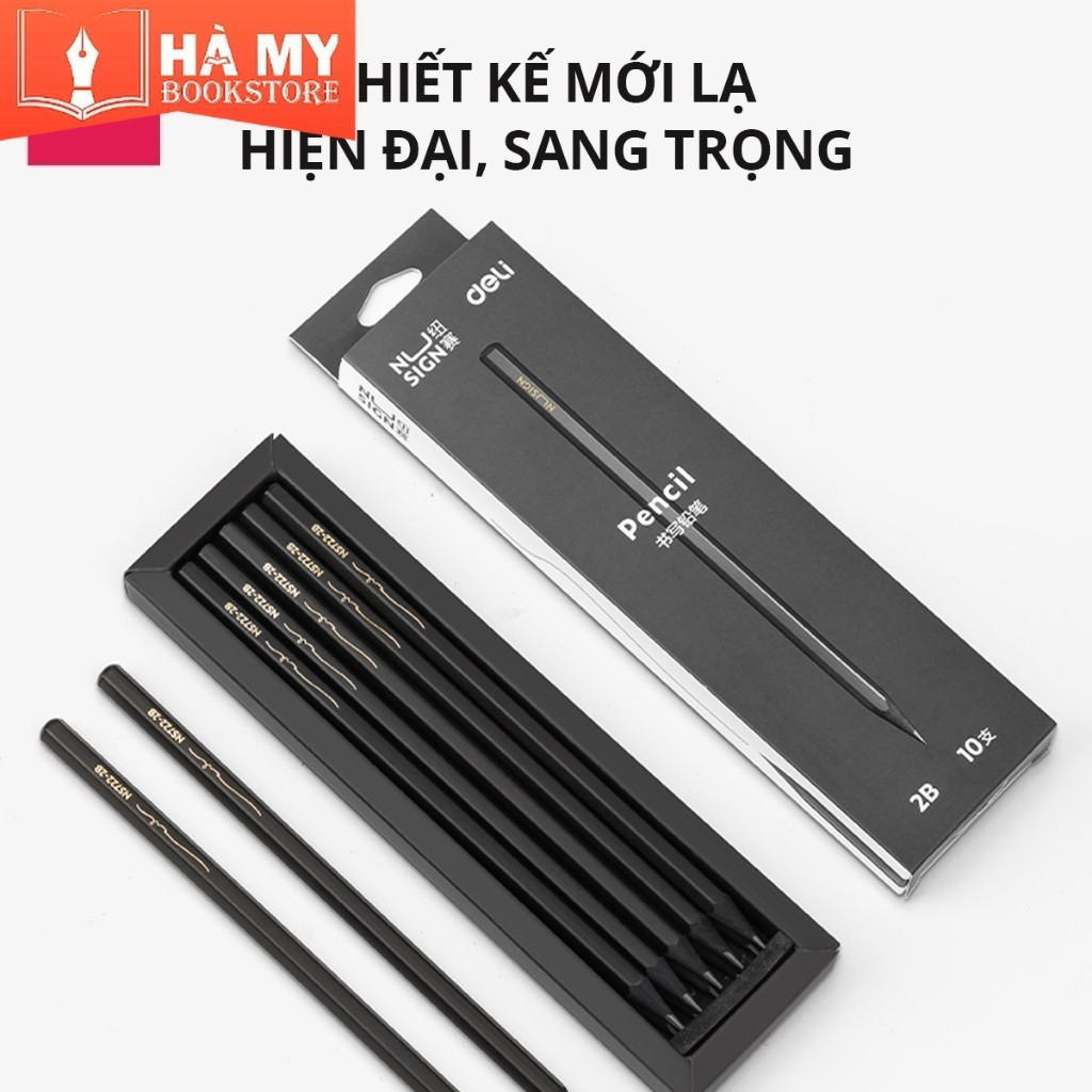 (1 Hộp 10 cây) Bút chì cao cấp Deli đen NS722-2B nét thanh nét đậm