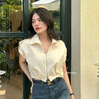 Áo sơ mi kiểu nữ FMSTYLE dáng croptop tay hến khoá kéo form trẻ trung bảng màu basic freesize 24050647