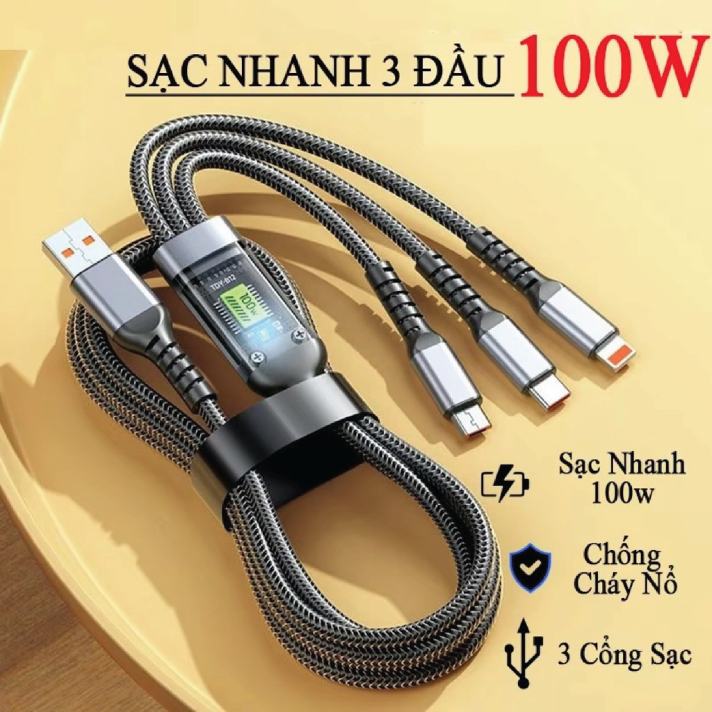 Cáp Sạc Nhanh 3 Đầu 100W Dài 1.2m. Bộ Sạc Nhanh 3 Trong 1 Chống Đứt.  Dây sạc điện thoại, Dây sạc 3 in 1, Cáp sạc 4in1