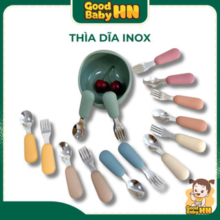  Set thìa dĩa ăn dặm inox có tay cầm bằng silicon cho bé ăn dặm - D04 