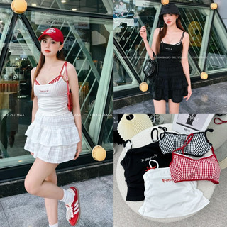 Set áo 2 dây zip thêu chữ mix áo dây kẻ cup ngực viền ren 2 màu cá tính