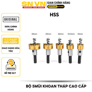 Bộ 5 mũi khoan khoét lỗ HSS V2 phủ titanium cao cấp. Đường kính trục: Lục giác 8mm, Đường kính lưỡi khoét: 16-30mm
