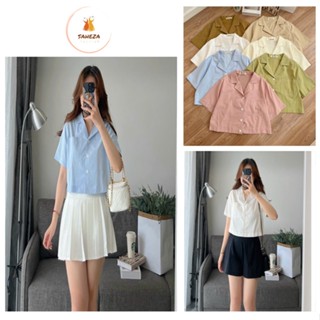 Áo sơ mi croptop nữ tay ngắn cổ vest dáng rộng Saheza SM014