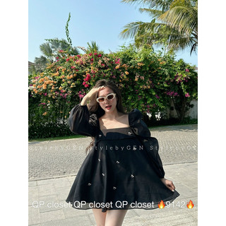 Áo tơ babydoll cổ vuông đính nơ