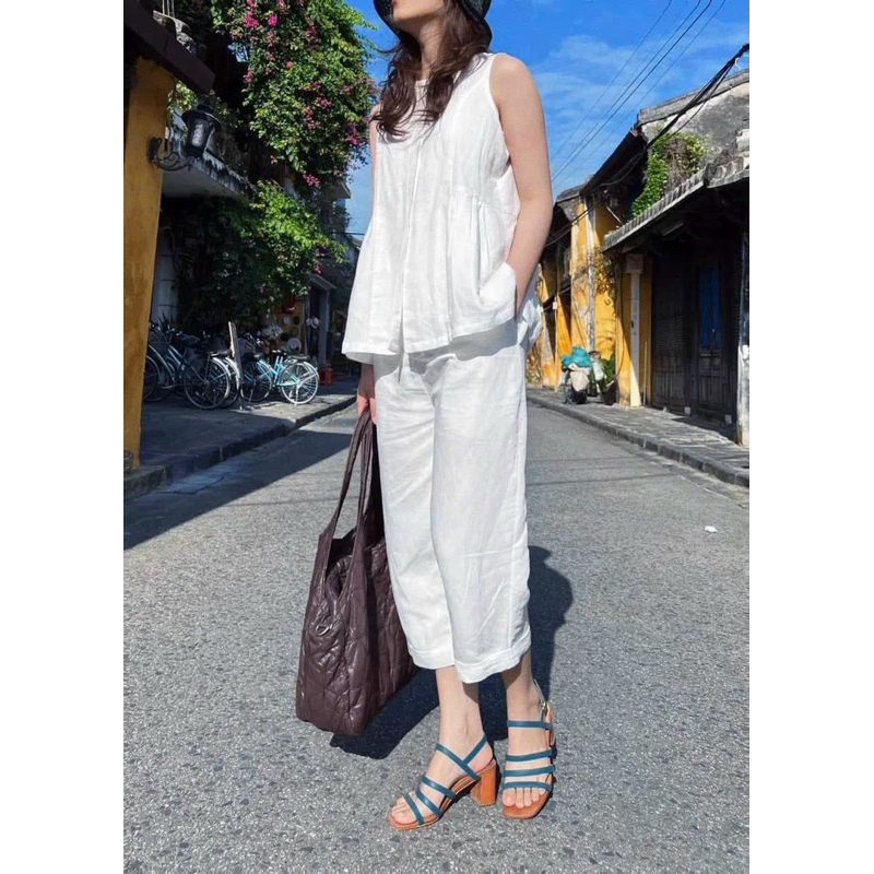ÁO PEPLUM NÚT BỌC + QUẦN SUÔNG