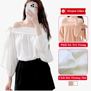 Áo Kiểu Nữ Bánh Bèo Hở Vai Chất Đũi Madela Phong Cách Hàn Quốc, Áo Trễ Vai Babydoll Buộc Nơ Điệu Đà