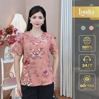 Áo lụa nữ trung niên cho mẹ Loudra Fashion mềm mại cộc tay hoạ tiết thanh lịch sang trọng dễ phối đồ A06