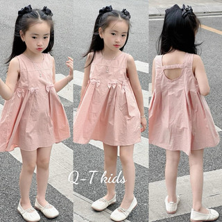 Váy hồng đính nơ eo bé gái