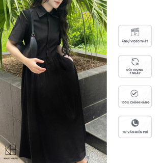 Váy công sở KHUE HOUSE Emile thiết kế cổ sơ mi thắt eo nhẹ thanh lịch, phù hợp đi làm, đi chơi (váy cổ đức đen)