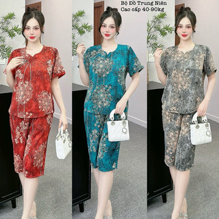Đồ Bộ Trung Niên Cho Mẹ Mặc Nhà có Bigsize Lụa Mango Áo Tay Ngắn Quần Lửng Qua Gối Cao Cấp Xinh Đẹp Sang Trọng 40-85kg