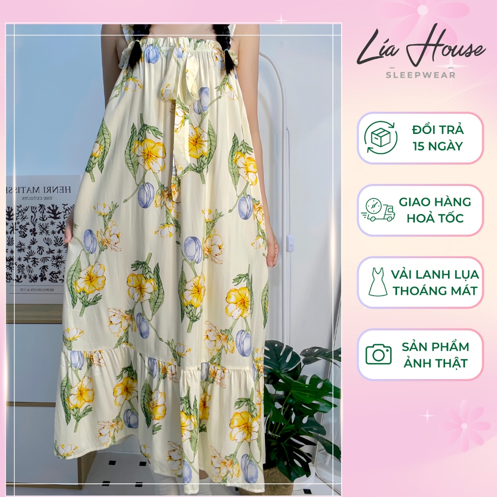 Đầm Ngủ Váy Ngủ LÍA HOUSE Lanh Lụa Hai Dây Nơ Lớn Tinh Tế LH02403