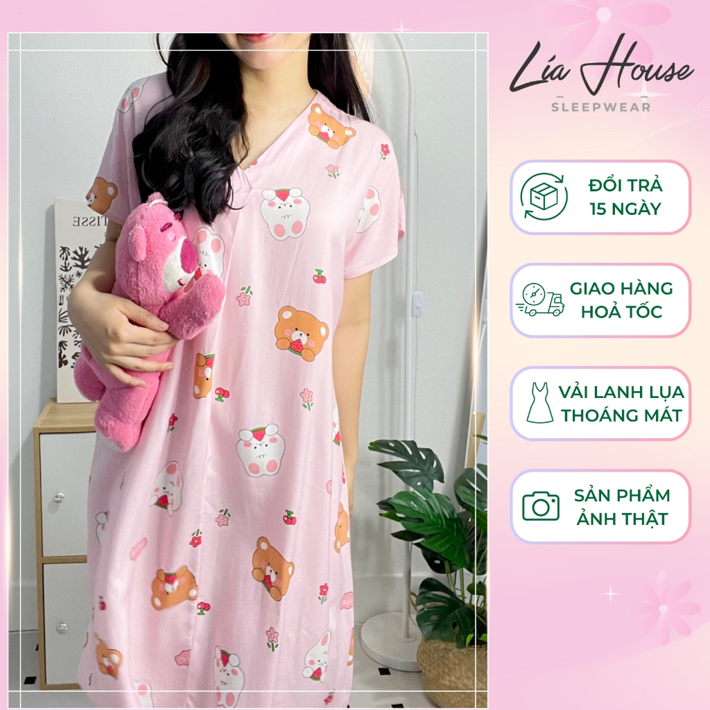 Đầm Ngủ Váy Ngủ LÍA HOUSE Lanh Lụa Thoáng Mát Cổ Tim LH02401