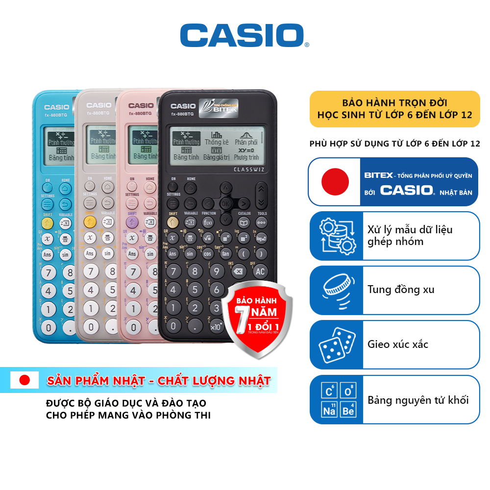 [FS] Máy Tính Học Sinh Casio FX-880BTG Chính Hãng Bitex - 4 Màu Trendy, Bảo Hành 7 Năm, Được Mang Và