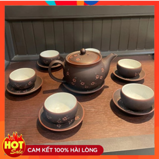 Bộ Ấm Trà Bát Tràng Hồng Sa Nâu Đào 1 Ấm 6 Chén 7 Đĩa - Nghệ Nhân Phạm Thế Anh - Dung Tịch 400ml