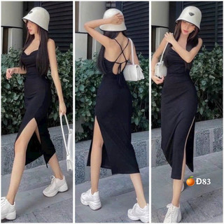 đầm hở lưng cột dây chéo dáng dài xẻ đùi chất đẹp 1 màu đen