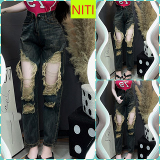   BGNL1683QC  QUẦN BAGGY JEANS NỮ LƯNG CAO RÁCH MẢNG ĐÙI TO CHỮ NHẬT MÀU XANH ĐẬM VÀNG PHÁ CÁCH 
