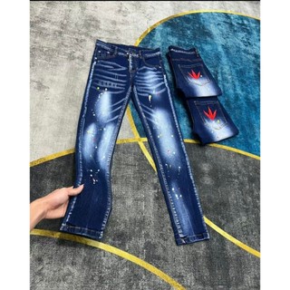 Quần jean nam boy phố thêu lá phong màu xanh chất vải co giãn form skinny cao cấp-AHFASHION