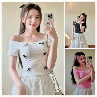 Áo croptop trễ vai tay ngắn phối nơ điệu đà A43