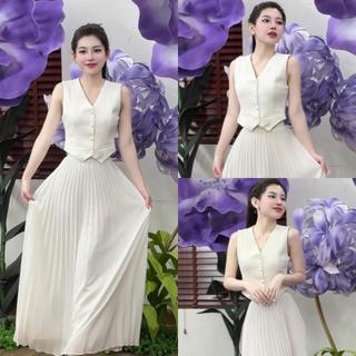 Set M26 áo gile cúc bọc phối chân váy dập ly dài