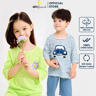 Đồ bộ quần áo thun cotton lửng tay cho bé trai và bé gái mặc nhà mùa hè chính hãng Unifriend Hàn Quốc U2022-4