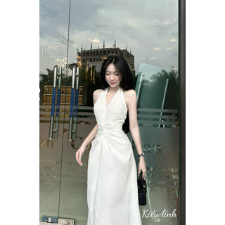 Đầm maxi đi tiệc sang chảnh cổ yếm chữ Bb, vải chéo hàn a21