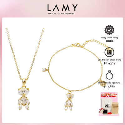 Bộ trang sức LAMY Dây chuyền vòng tay bạc Crystal Teddy Bear Gold 6391GG & 2243GG