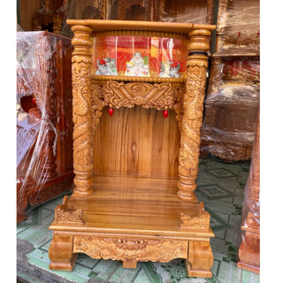 Bàn thờ thần tài ông địa cột chạm rồng chân quỳ gỗ xoan hộp đèn cao cấp ngang 42cm, 48cm (2 màu)