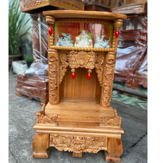 Bàn thờ thần tài ông địa chạm khắc đẹp chân quỳ gỗ xoan hộp đèn cao cấp ngang 42cm, 48cm