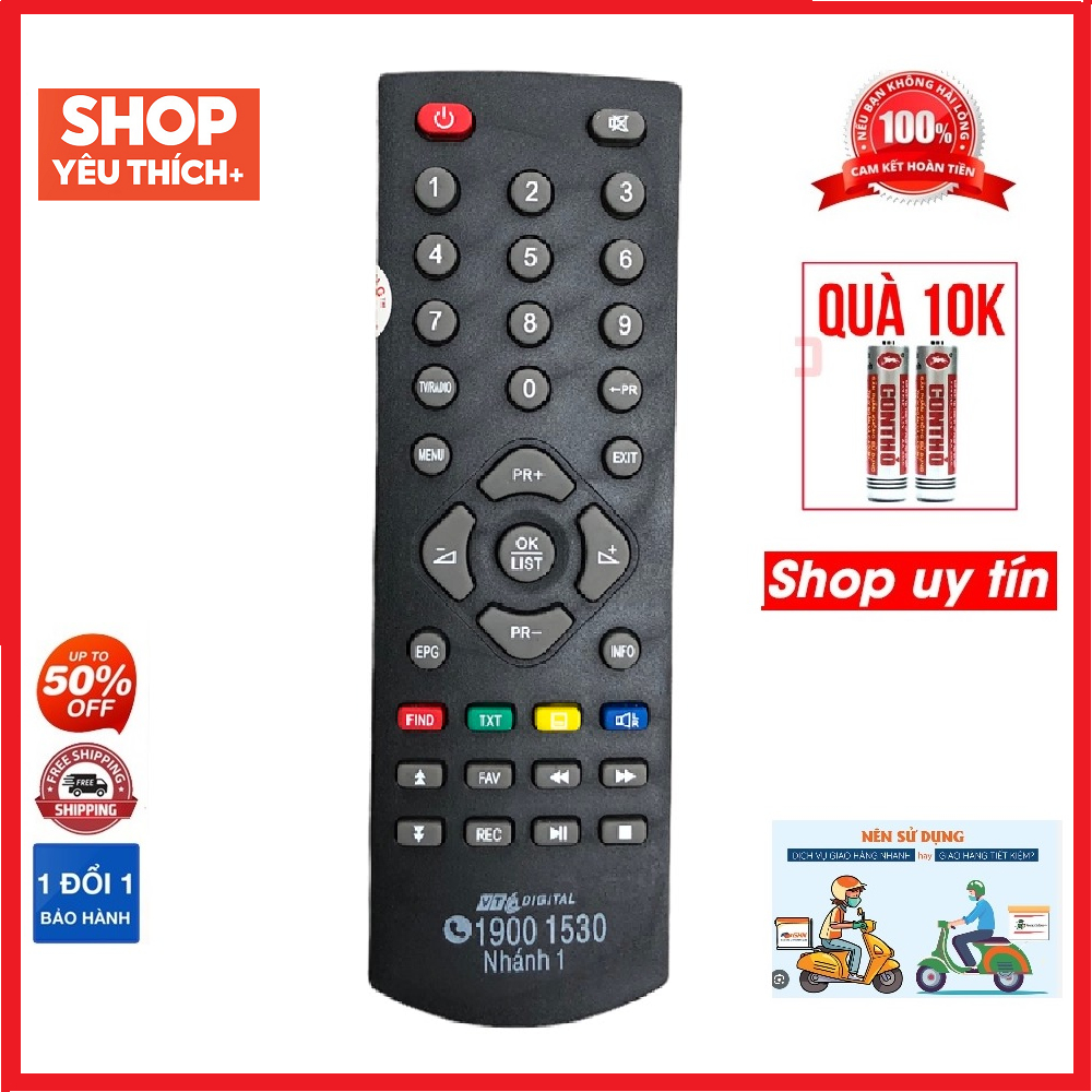 Điều khiển đầu thu VTC Digital 1900 1530 nhánh 1 loại tốt zin, Remote dùng cho tivi Điều khiển đầu t