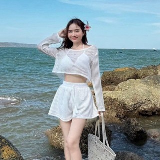 Set bộ 3 món đi biển áo bra phối áo ngoài len ren tay dài mix quần đùi sieu xinh . Set bộ mùa hề đi biển