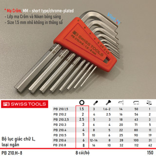 Bộ lục giác chữ l ngắn pb 210.h-8 gồm 8 chi tiết mạ crôm | pb swiss tools