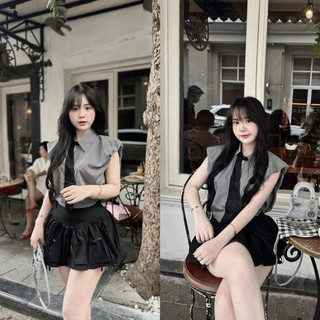 Set áo sơmi kẻ tay hến mix chân váy bèo đính nơ siêu xinh áo có độn vai