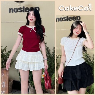 Áo Thun Len Montoghi Tay Ngắn Áo Thun Dáng Ngắn Áo Coquette Top Len Lỗ Trái Tim Viền Ren Hàng QC Phối Nơ Cổ Cakecat