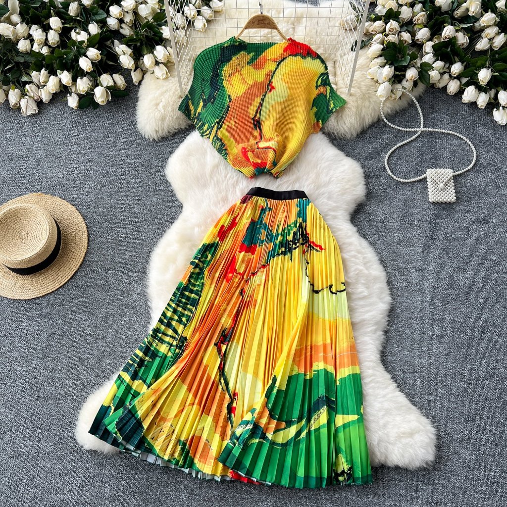 Set thời trang nữ Quảng Châu gồm áo dệt + chân váy cạp cao xếp ly voan họa tiết siêu đẹp đủ size