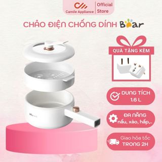 Chảo điện chống dính Bear DRG-P16M2 dung tích 1,6L kèm xửng hấp tiện lợi, Nồi chống dính cắm điện nấu mì, ăn lẩu