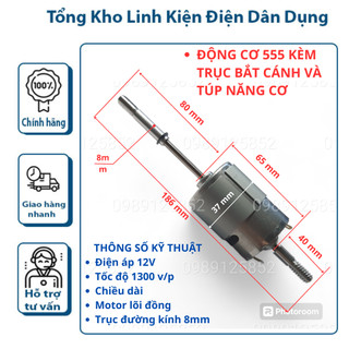 Motor 12v 555 liền trục lắp quạt- chế quạt sạc pin, kẹp bình 12v