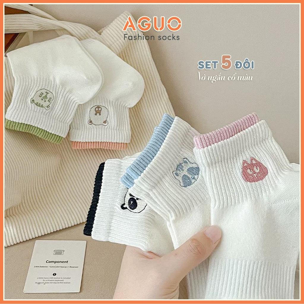Set 5 đôi tất trắng có viền cổ nhiều màu thêu họa tiết gấu, vớ cotton co dãn thoáng khí -Aguo shop