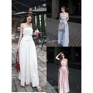 Set áo quây nhún chân váy midi xếp li túi mổ