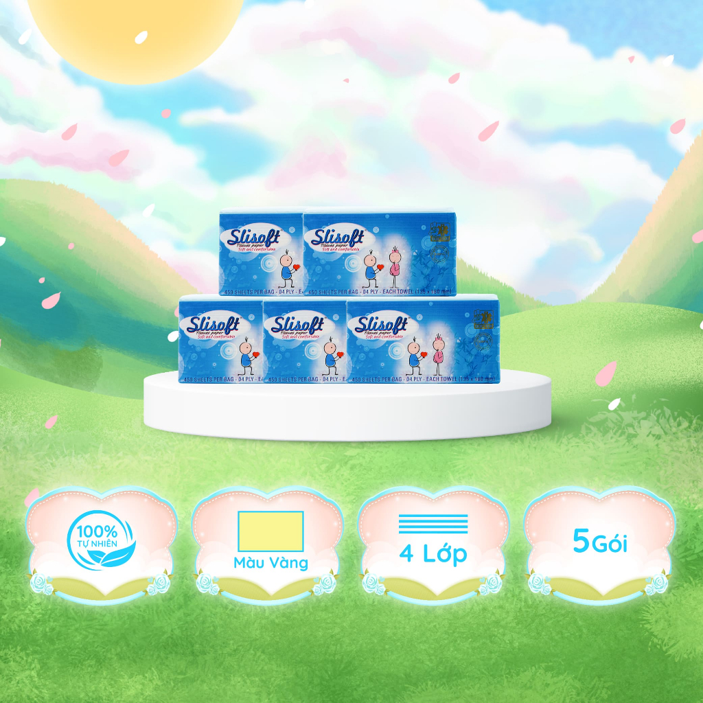 5 Bịch Giấy ăn Slisoft Doctor Care gói 450 tờ, khăn giấy khô Trắng tự nhiên từ bột cây Giang an toàn không tẩy trắng