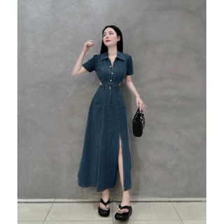 ĐẦM BÒ CỔ BẺ TAY NGẮN KHOÉT EO XẺ TÀ PHONG CÁCH HÀNG CAO CẤP