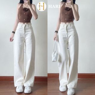 Quần jeans bò Hari màu kem ống suông rộng phong cách Hàn Quốc