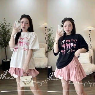Set nơ bánh bèo chân váy hồng kèm áo đồ bầu bộ bầu bộ sau sinh