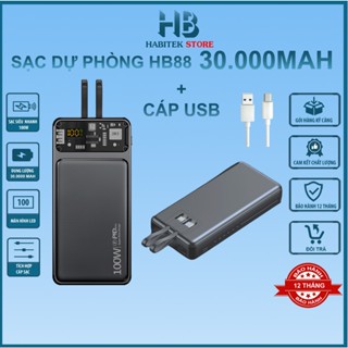 Sạc Dự Phòng 30000mah Habitek HB88 Hỗ Trợ Sạc Nhanh 100W, Tích Hợp 2 Dây Sạc Và Cổng Sạc Nhanh