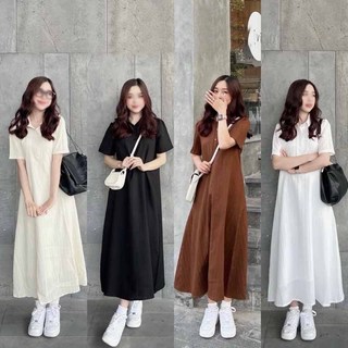 Váy suông polo đũi gân, đầm xuông sơ mi cổ đức dáng dài tay cộc form rộng đủ size phong cách Hàn Quốc - TâmShop