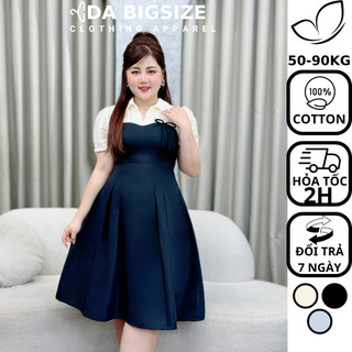 Dabigsize - Đầm Bigsize Nữ , Váy Dự Tiệc Kiểu Sơ Mi Tay Dài Phối Nơ Chất Cotton Mềm Mịn Dành Cho Người Mập 50-90kg