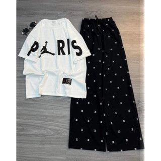 [ Rẻ vô địch ] Set bộ áo thun paris chất su mix quần xuông ống rộng in full