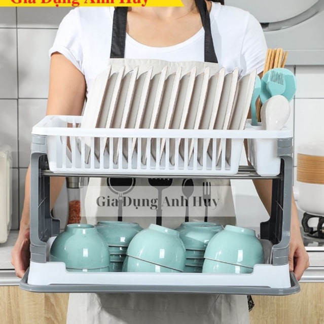 Kệ úp bát đĩa 2 tầng kèm ống đũa có khay hứng, mã mới T1, giá để bát đua