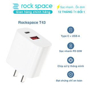 Củ sạc nhanh iPhone Rockspace T43 2 cổng USB-TypeC sạc nhanh 20w hàng chính hãng BH 12 tháng