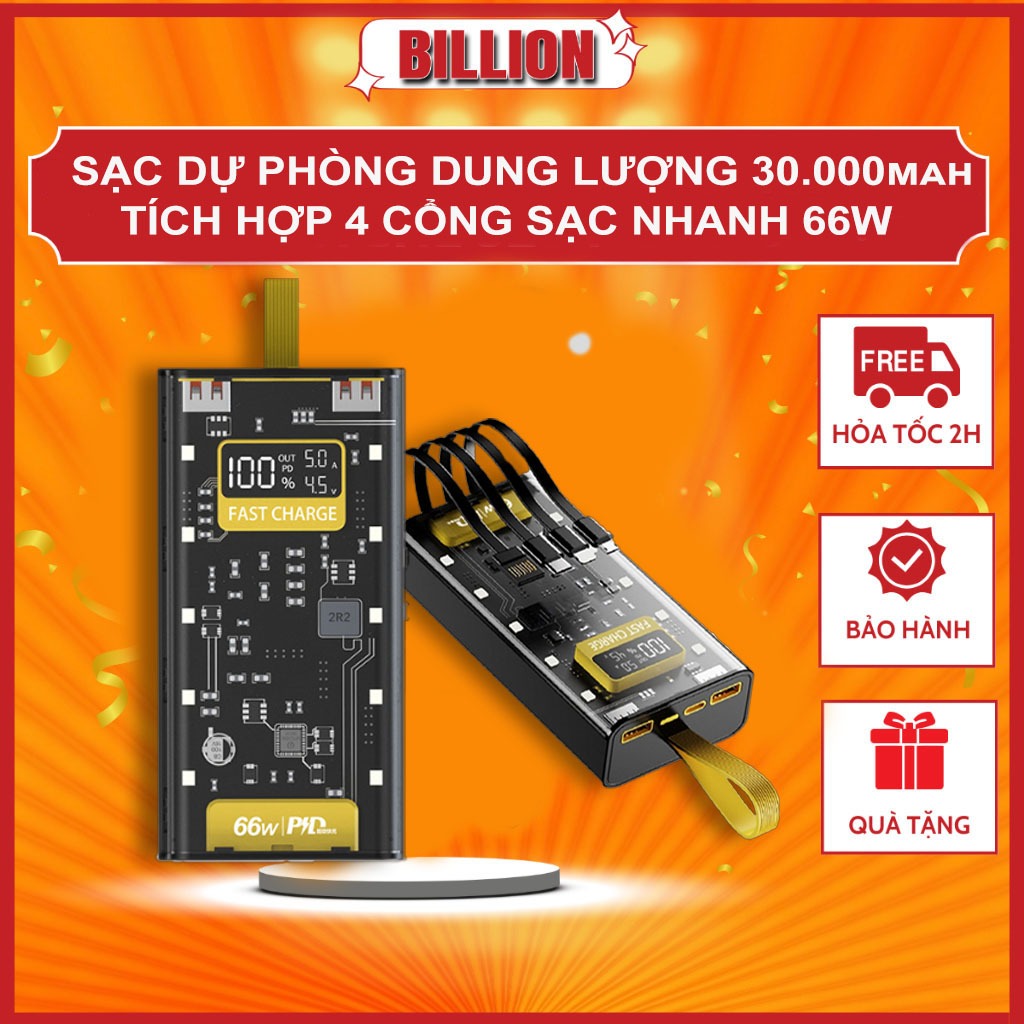 Sạc Dự Phòng 30000mAh BILLION PK101 Trong Suốt Dung Lượng Lớn Sạc Nhanh PD 20W Tích Hợp 4 Cổng Sạc