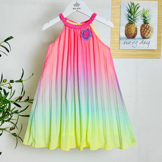 (HCM) Đầm cổ yếm maxi thắt bím cho bé gái cực xinh, váy maxi cổ yếm phồi màu dập ly chất mát cho bé từ 13-40kg